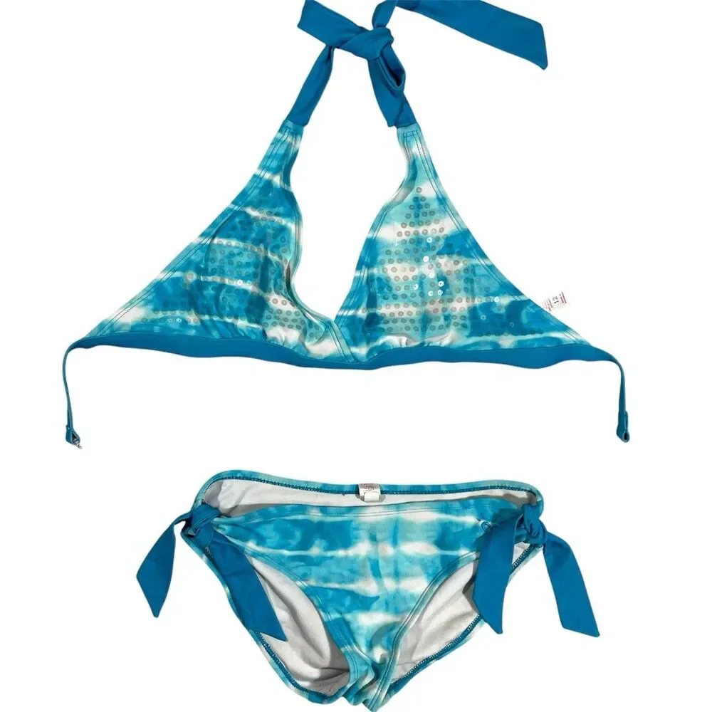 Justice Girls Blue & White Sequin Top Two Piece Y2k 2010 Kids Swim Set Size 12